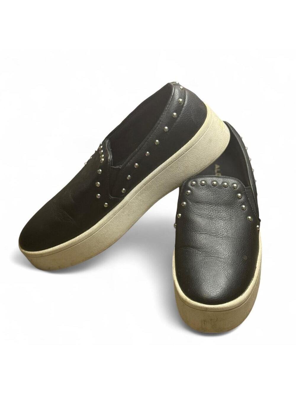 Aldo Black Studded Vegan Leather Slip On Thick Platform Loafers Womens 10